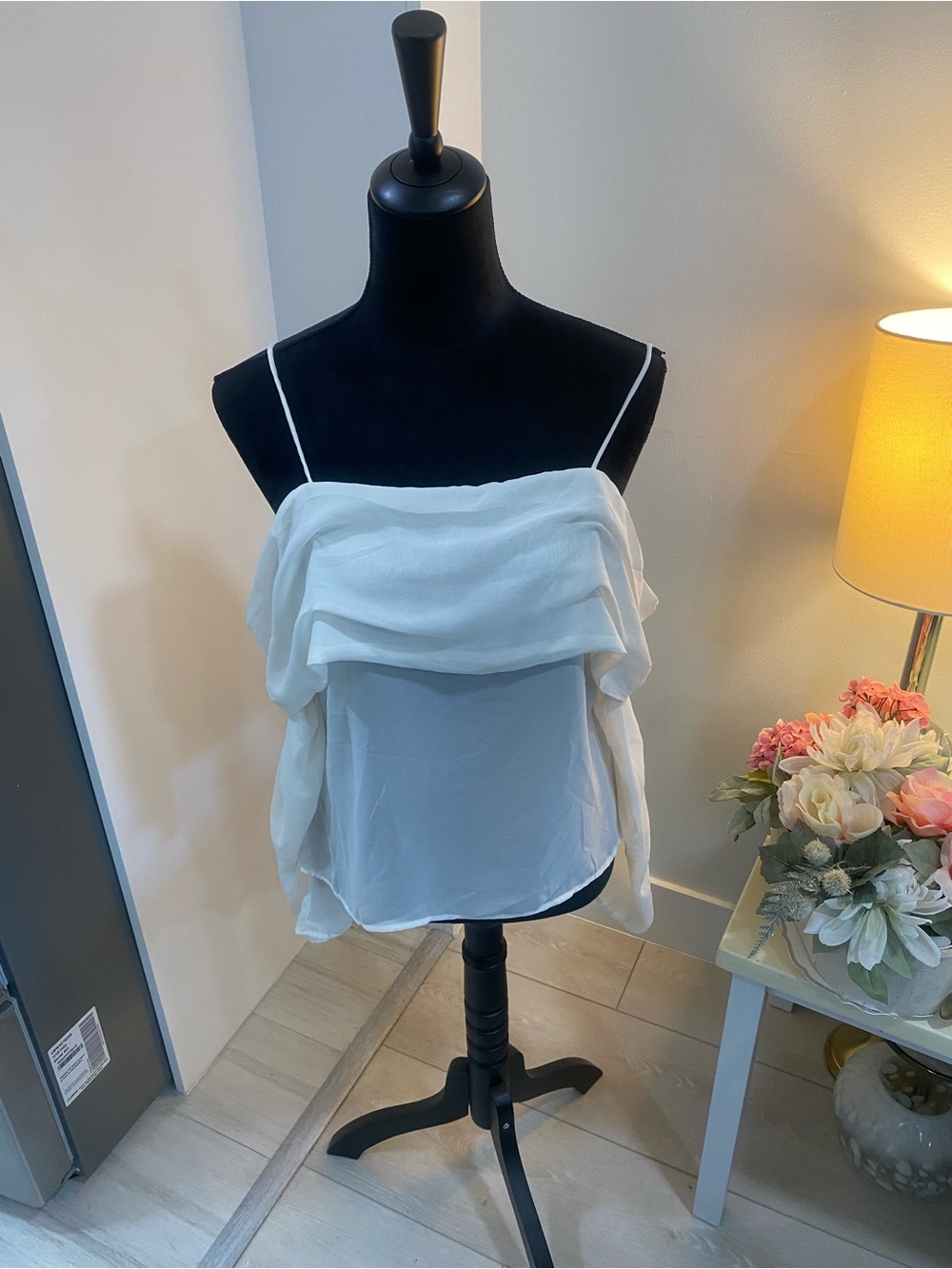 Divided White Ruffle Spaghetti-Strap Camisole
